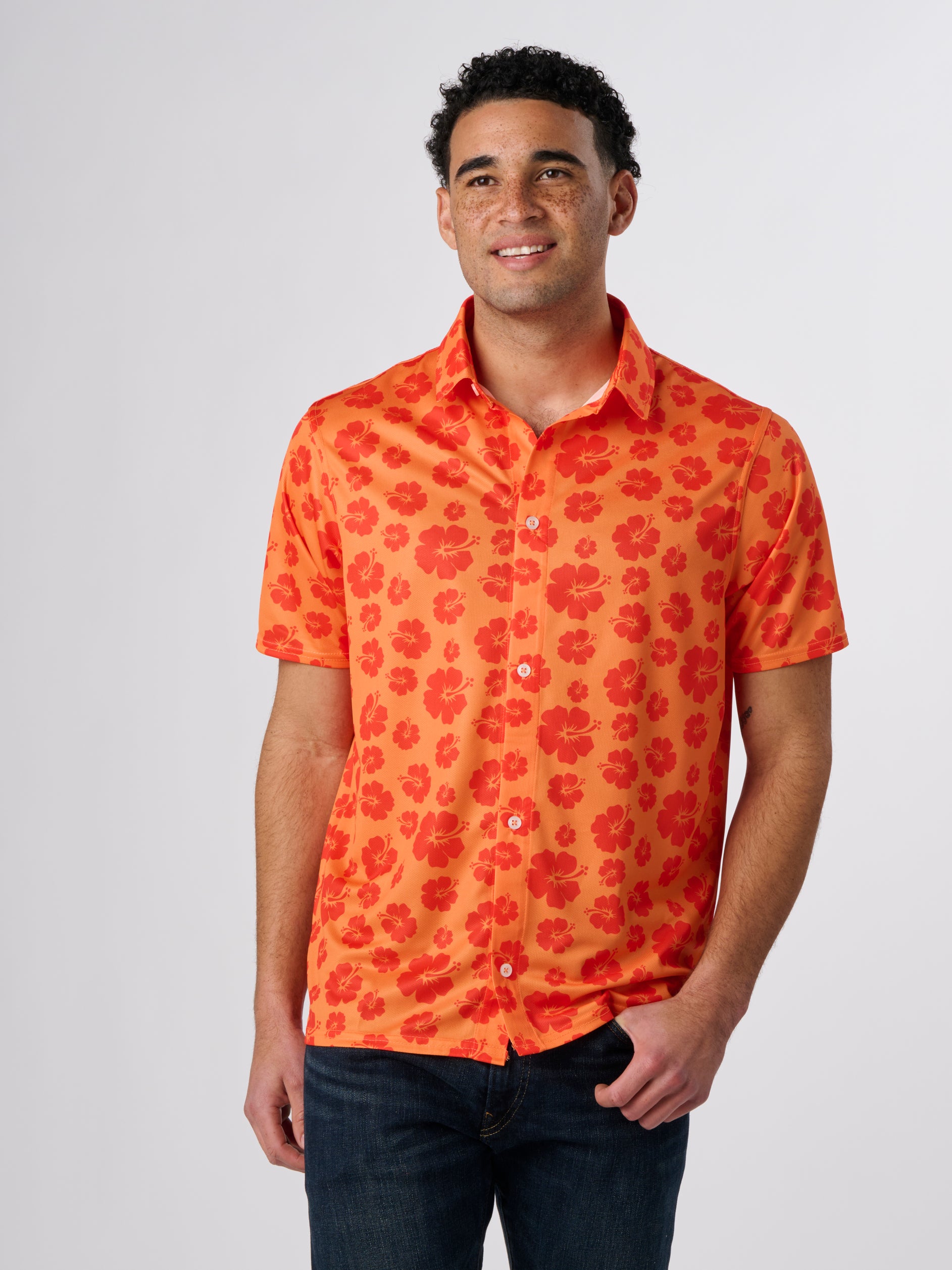 orange floral dress shirt Floral Toucan Orange Men's Hawaiian Shirt